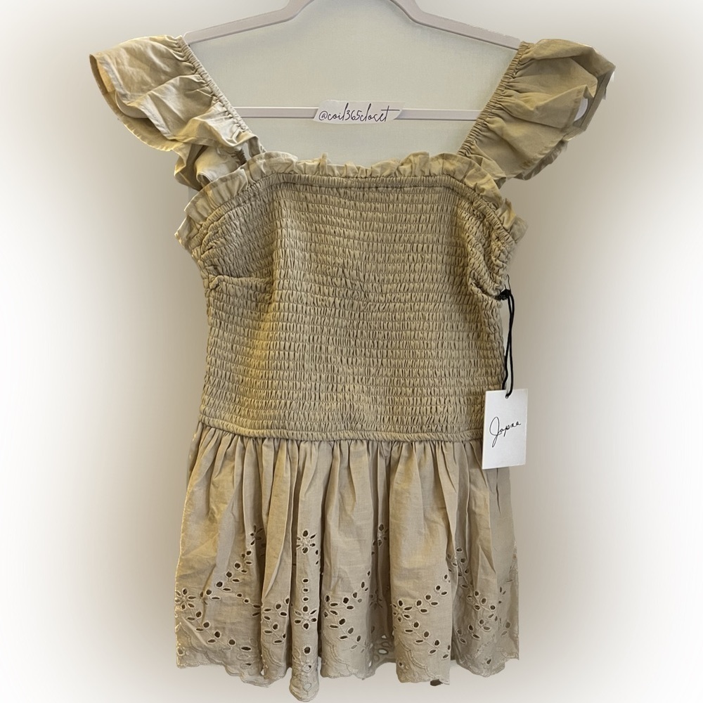 NEW Japna Smocked Eyelet Top Size Small Tan with Scalloped Hem Ruffled Straps